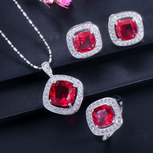 SEQUITO Classic Woman Silver Plating 3pcs Party Jewelry Set Paved Rectangle White AAA Cubic Zircon Stones Fashion Dangle Necklace Stud Earrings Ring Sets for Daily Wear SJ299