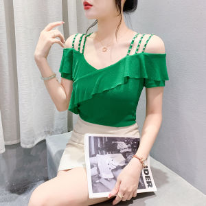 Yimei áo ren Ruffle cổ chữ V khí chất ôm vừa thời trang mùa hè áo nhỏ hở vai đính móng tay áo thun lưới tay ngắn QUẢNG CHÂU