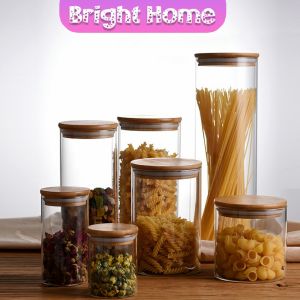 ฝากันความชื้นเป็นไม้ไผ่ โหลแก้วฝาไม้ โหลพาสต้า Borosilicate glass storage tank