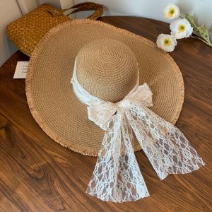 SOPHIAN French Style Bow Ribbon Straw Hat Big Brim Spring Summer Womens Sun Hat Elegant Beach Lace Pearls Straw Hat Outdoor