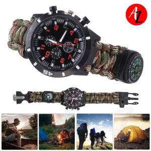 6 in 1 Survival Multifunctional Wrist Watch Paracord Bracelet with Fire Starter and Compass for Outdoor Gear