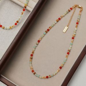 MIRELAE Artificial Glass Tiger Eye Stone Necklace Retro Round Jewelry Accessories Fashion Stackable Neck Pearl Beaded Necklaces for Women