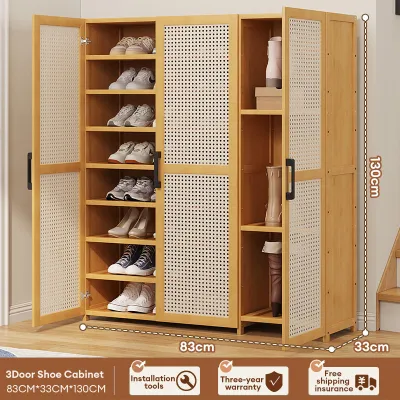 Bamboo Shoe Cabinet Vertical Rattan Door | 1/2/3 Doors 7-12 Layers Large Capacity Shoe Organizer