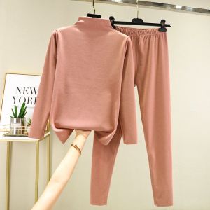 Double-sided Fleece Thermal Underwear Set Women Autumn Winter Thickened German Fleece Heating High Neck Thermal Clothing Sea