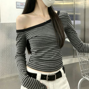 Off Shoulder Striped Long Sleeve Top Women Slim Fit Casual Korean Striped T-shirt