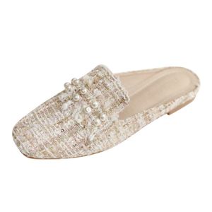 Summer Pearl Toe-Covered Large Size 43 Flat Half-Slipper WomenS Summer Outdoor Sandals WomenS Shoes