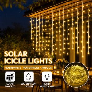 Solar Led Icicle Curtain String Lights Waterproof 8 Modes Warm White Outdoor Christmas Garden Patio Decor
