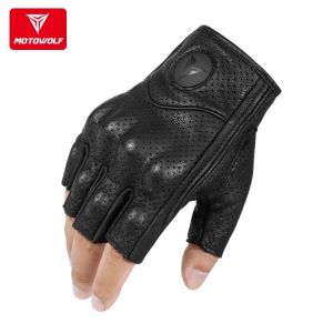 SltcrPasion Half Finger Motorcycle Gloves Leather Summer Ajustable Breathable Retro Antislip Goatskin Cycling Riding Gloves Motowolf