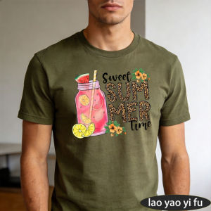 [Local Stock] HBESTY  Sweet Summer Time Leopard Lemon Jar Floral Art Men Summer Cotton T Shirt Tropical Holiday Cute Graphic Short Sleeve Casual Top