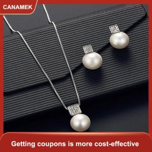 【CANAMEK】 3Pcs Thời Trang Thanh Lịch Giả Ngọc Trai Thạch Hình Học Vòng Cổ Bông Tai Cho Phụ Nữ Cô Dâu Wedding Party Trang Sức Set Quà Tặng