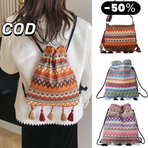 YOOXI กระเป๋าเป้สะพายหลัง สายลาก กระเป๋าเป้สะพายหลังใหม่สไตล์ชาติพันธุ์ผ้าใบผ้าปักถักร้อยกระเป๋าเป้สะพายหลังขนาดใหญ่