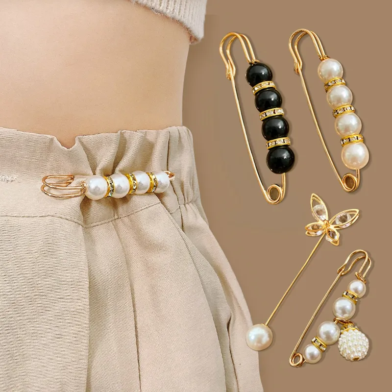 1PCS Waistband Pin Accessories Good Quality Pearls Crystal Gold Brooch Waist  Tightening Clamp Anti Exposed Safety Pins