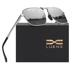 LUENX Kacamata Hitam Rectangular Polarized Aviator Sunglasses for Men Retro Pilot Shades Driving UV400 Protection Original Sunglasses 6405-3