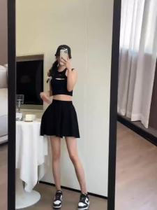 Ammin กางเกงขาสั้นผ้าฝ้ายผู้หญิงลำลองกีฬาน้ำแข็งสไตล์เกาหลีสีดำยืดหยุ่นเอวสูง2024ฤดูร้อนกระโปรงขากว้างทรงสลิมไลน์ลำลอง