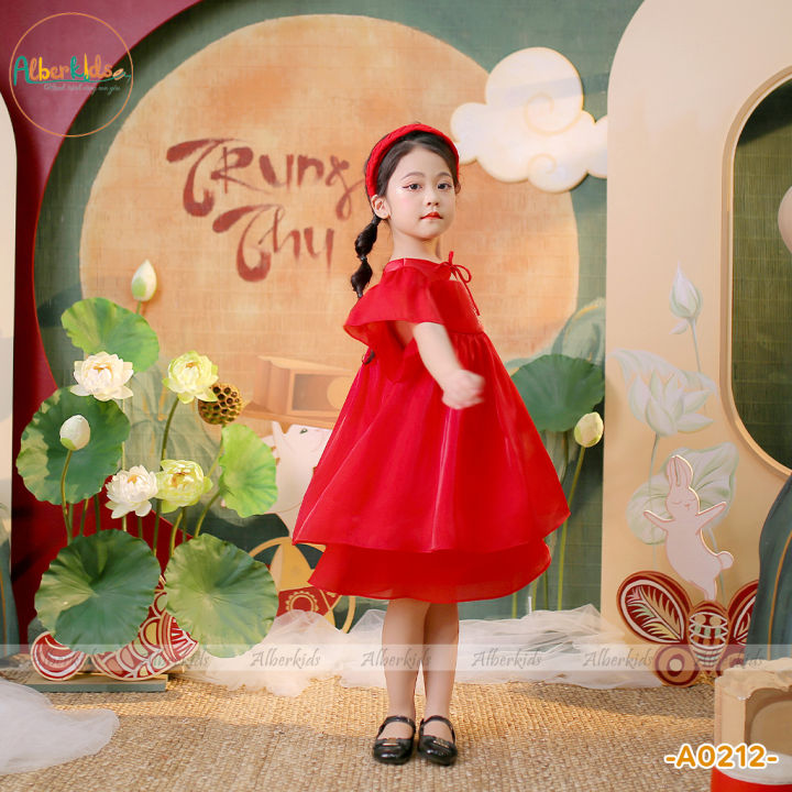Áo dài bé gái màu đỏ thêu họa tiết chim uyên ương AD BG09 | Quyên Nguyễn  Bridal
