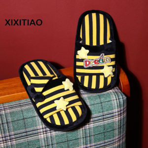 XIXITIAO Home Decor Fun vintage Mens and Womens Casual Cotton Slippers Couple Color Block Striped Spring Summer Cotton Slippers