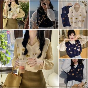 Rompi Vest Rajut Wanita Vneck Knit Sweater Rajut Tanpa Lengan Motif Bunga / Atasan Rajut Flower Vest Fashion Outer Knitted SE P564