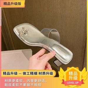 [Free Shipping] WomenS Slip-On Sandals For Outdoor Wear In Summer 2026 New Style With Chunky Heels Rhinestone Embellishments High-Heeled Transparent Sandals