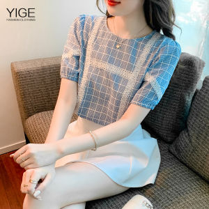 YIGE Hollow Lace Stitching Plaid Blouse: Plus Size Casual Shirt for Women 2023