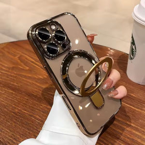 Luxury For Magsafe Bracket Case For iPhone 17 16 15 14 13 12 11 Pro Max Plus 17 Air Magnetic Ring Stand Holder Clear TPU Cover