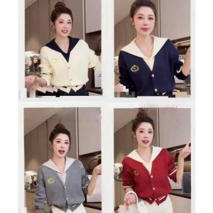 🔥[C468] Áo len nữ Montoghi dệt kim CỔ V THỦY THỦ cài nút PHỐI VIỀN LOGO tay dài - Kholenqc