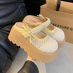 Free Shipping 2026 Summer New WomenS Thick-Soled Sandals With Bow And Pearl Embellishments Slip-On Style For Everyday Wear