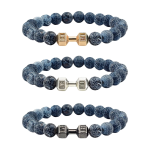Sturdy Beaded Bracelet for Men with Natural Lava Stone and Dumbbell Charm Accessory for Fitness Lovers