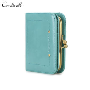CONTACTS Genuine Leather Female Short Wallets for Women RFID Coin Purse Metal Frame Money Clip Wallets