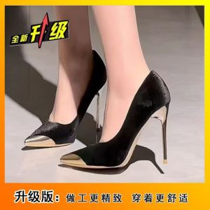 [Free Shipping] Metal Pointed-Toe Comfortable WomenS Shoes High Heels Stiletto Heels Black Elegant Suede Single Shoes 2026 Spring/Autumn New Collection
