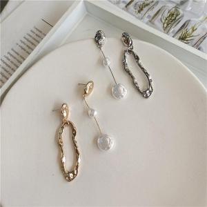 [fenggongshuode] Bông tai ngọc trai hình học Bông tai không đối xứng bông tai phong cách Baroque thời trang bất thường cá tính