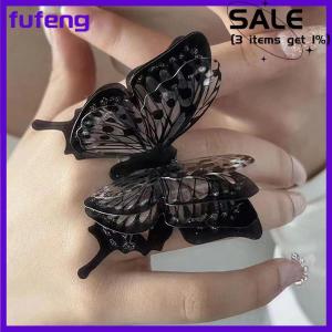 fufeng Punk Butterfly Ring Black Exaggerate Gothic Three-Dimensional Vintage Finger Rings Butterfly Ring For Women Jewelry Accessories Gift