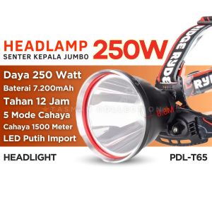 Senter Kepala Jumbo 250W / Headlamp 250 Watt Headlight PLD-T65 Bisa Ngecas HP Powerbank 3pc Baterai