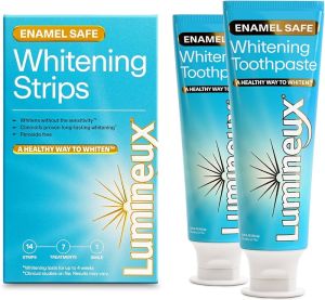 Lumineux Whitening Duo Set – Peroxide Free - Enamel Safe for Whiter Teeth – Includes 21 Whitening Treatments & 2 Pack Whitening Toothpaste Fluoride Free & Dentist Formulated