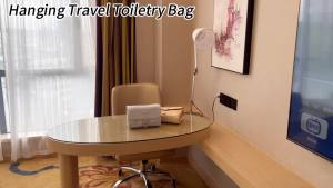 Hanging Travel Toiletry Bag for Women Makeup Cosmetic Bag Organizer with 3 Silicone Travel Bottles Detachable Pouch Waterproof Folding Compact Carry-on for Travel Bathroom Shower Apricot