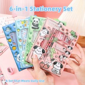 COD 6-in-1 Cartoon Childrens Stationery Set Childrens Pencil Sharpener Eraser Ruler Stationery Gift
