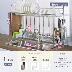 SJORAGE On Hand🔥100-120cm Over Sink Dish Rack 2Tiers 304 Stainless Steel Kitchen Organizer with Utensil Hooks & Cutting Board Holder Rustproof Space Saving