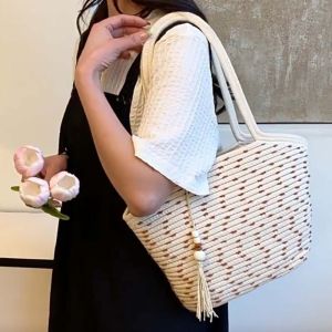 XINGG39 Tassels Pendant Woven Tote Bag Sweet Breathable Summer Beach Bag Solid Color Khaki Straw Handbag Female