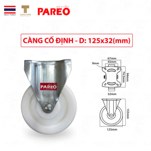 Bánh xe nhựa PP - Càng thép | Thương hiệu PAREO | Kích thước: Đường kính 125 mm | Tải trọng tối đa: 120 kg