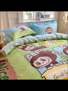 Cartoon Labubu Four-Piece Set All-Cotton Cute Childrens Single Duvet Cover 100 Pure cotton dormitory three-piece bed sheet set stain-resistant LZD