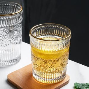 Elegant Crystal Clear Retro Sun Flower Stemless Glass with Gold Rim