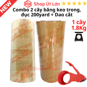 Combo 2 cây băng keo trong đục 200yard kèm dao cắt băng keo 1 cây nặng 1kg8 lõi giấy 5mm chiều rộng 47cm