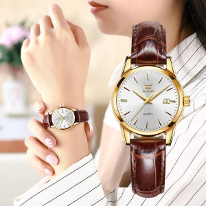 OLEVS 6898 Women Quartz Fashion Watch Gift Genuine Leather Watchband Round-dial Wristwatch Calendar Luminous