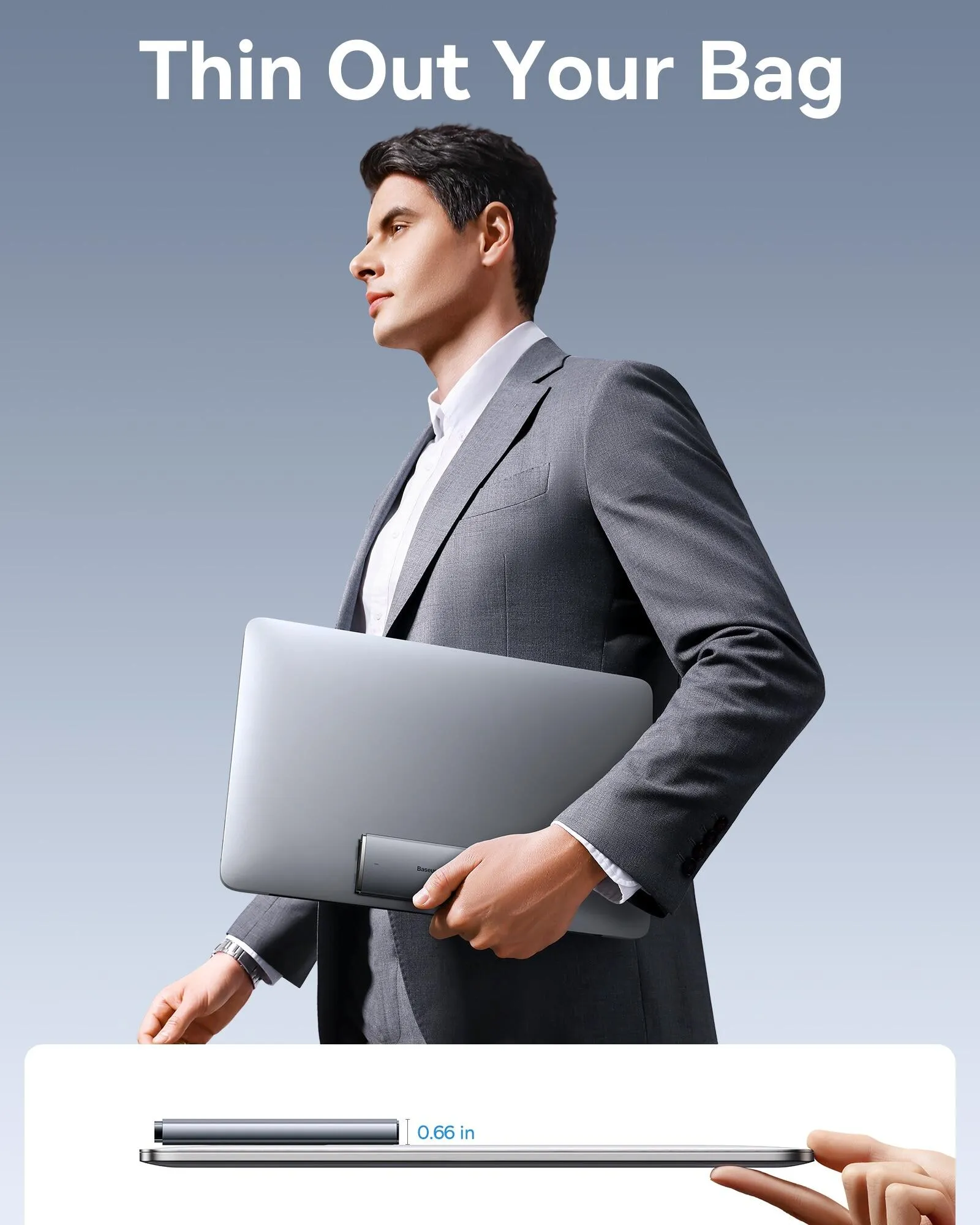 Slim charger profile next to a laptop