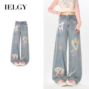 IELGY Graffiti print jeans womens design loose straight wide leg trousers