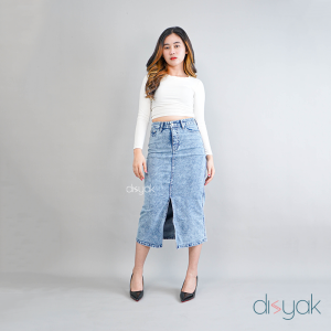 DISYAK - Rok Highwaist Midi Skirt Jeans Panjang Wanita Slit Depan Ocean Blue 8511-8611