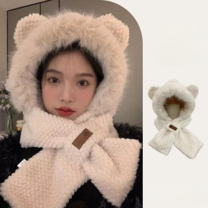 ชุดหมวกพร้อมผ้าพันสองชิ้นรูปทรงหมีน่ารัก