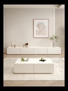 [Cozy ]Cream-colored TV Console/Coffee Table with Rounded Corners Modern Minimalist Style Solid Wood
