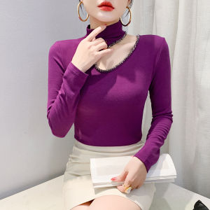 YIMEI เสื้อเสื้อยืดลูกปัดเล็บแขนยาวสำหรับผู้หญิงเสื้อเล็บแขนยาวเข้ารูปพอดีอเนกประสงค์2024ฤดูใบไม้ร่วงและฤดูหนาว