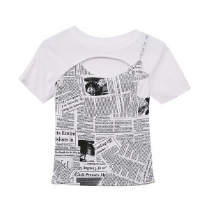 REHIN Womens top Summer new trendy design niche hollow short-sleeved T-shirt letters print All-match cotton blouse