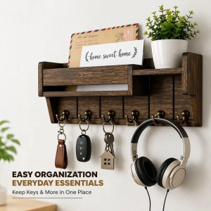 Natural Wood Key Holder Creative Solid Wood Wall-mounted Storage Rack Mail Holder Shelf Wall Entryway Home Office Decor
